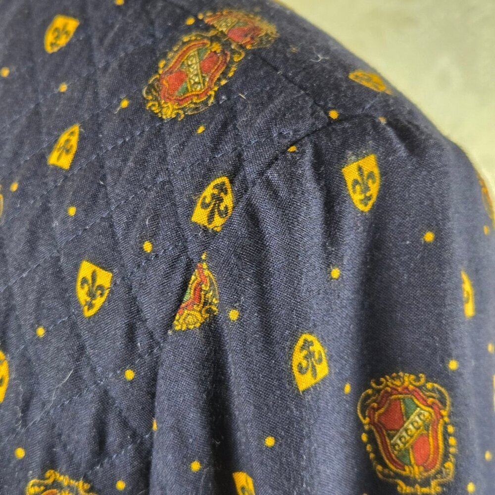 Maggy London Size 12 Navy Blue Quilted Jacket Button Front Crest Fleur De Lis — image 5 of 8